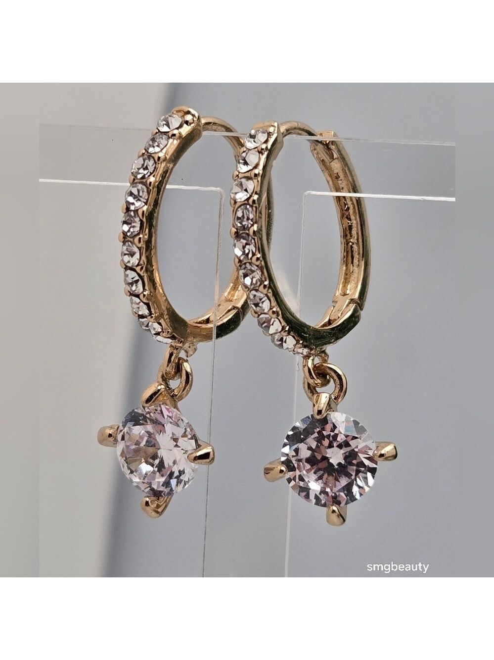 Gold Tone Hoop Drop Earrings White Crystal Dangle Square Fashion NWOT